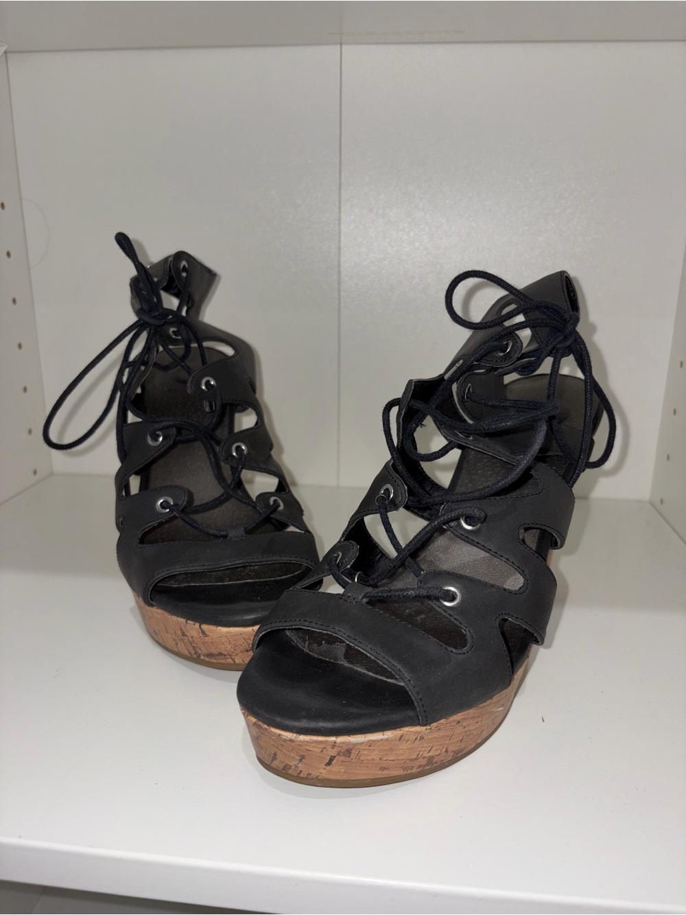 G by Guess Black Lace-Up Cork Platform Wedges